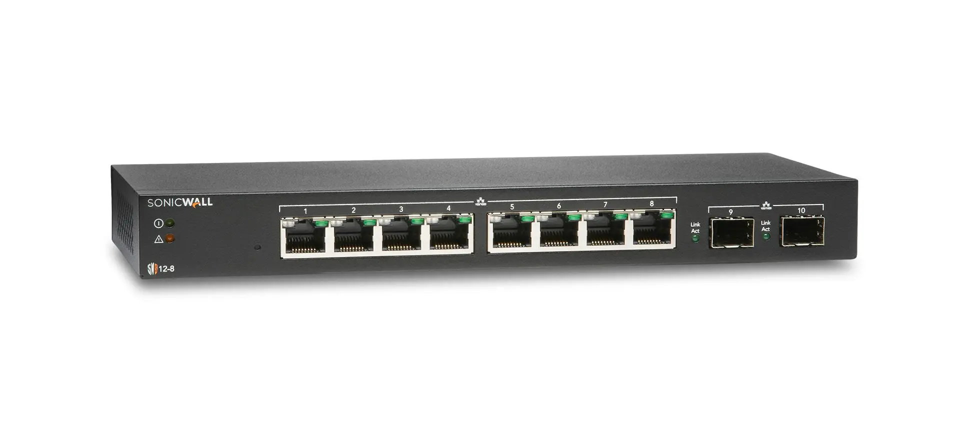 SonicWall Switch SWS12-8 With 8 ports, 2 SFP, Non-PoE, compact form factor, energy-efficient design.