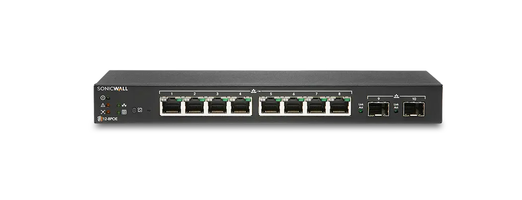 SWS12-8POE SonicWall Switch SWS12-8POE with 8 ports, 2 SFP, PoE, compact form factor, energy-efficient design
