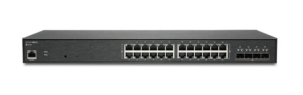 SonicWall Switch SWS14-24 with 24 ports, 4 SFP+, Non-PoE, compact form factor, energy-efficient design
