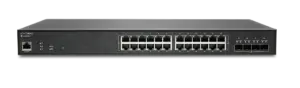 SonicWall Switch SWS14-24FPOE with 24 ports, 4 SFP+, Full-PoE, compact form factor, energy-efficient design.