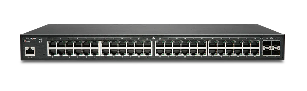 SonicWall Switch SWS14-48 with 48 ports, 4 SFP+, Non-PoE, compact form factor, energy-efficient design