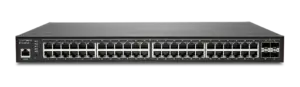 SonicWall Switch SWS14-48FPOE with 48 ports, 4 SFP+, 802.3at, compact form factor, energy-efficient design.