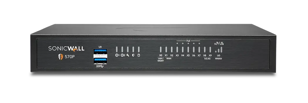The SonicWall TZ570P is a next-generation firewall designed for small to mid-sized organizations and distributed enterprise with SD-Branch locations.